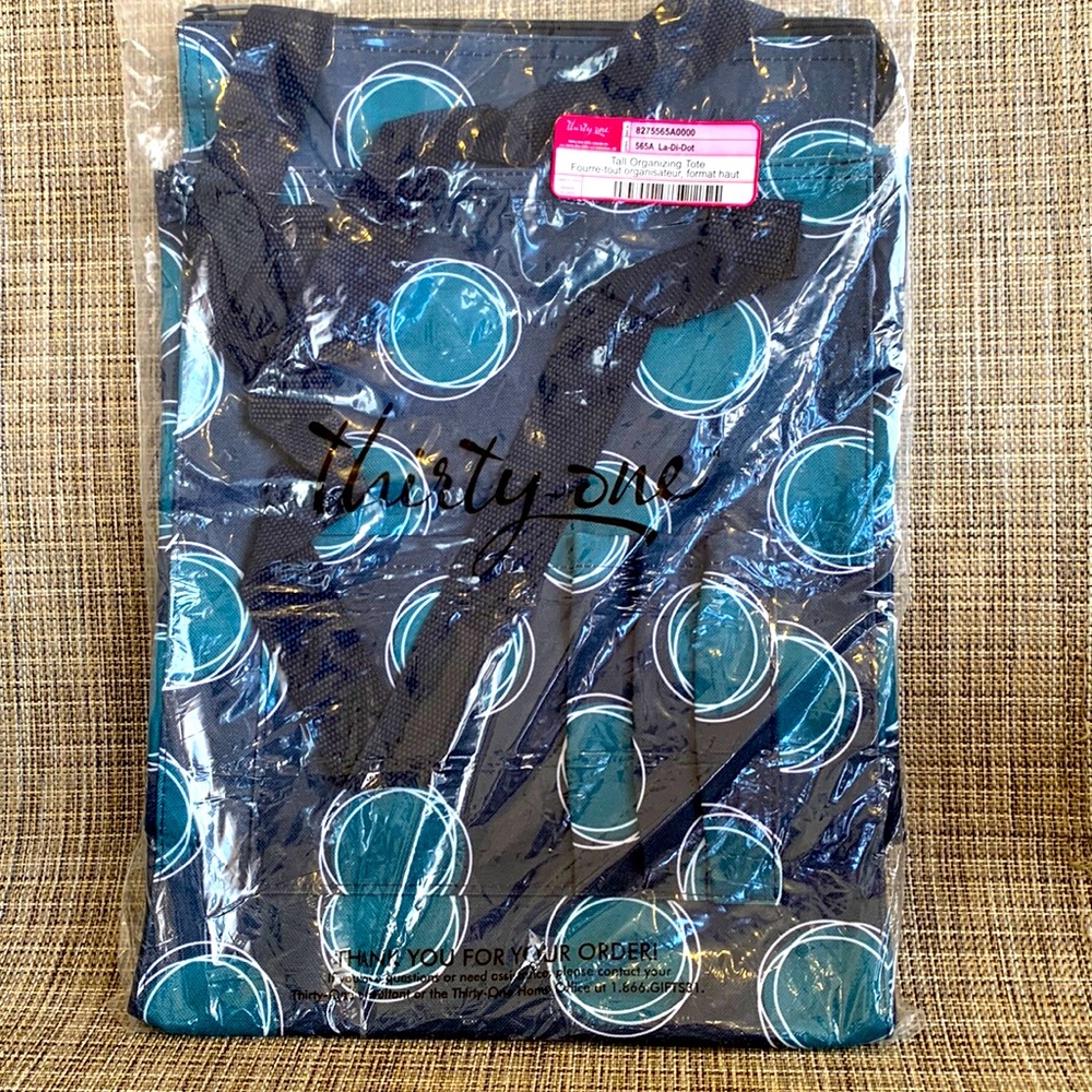 Brand New!! Thirty One Tall Organizing Tote. Pattern called: La-Di-Dot. So cute!